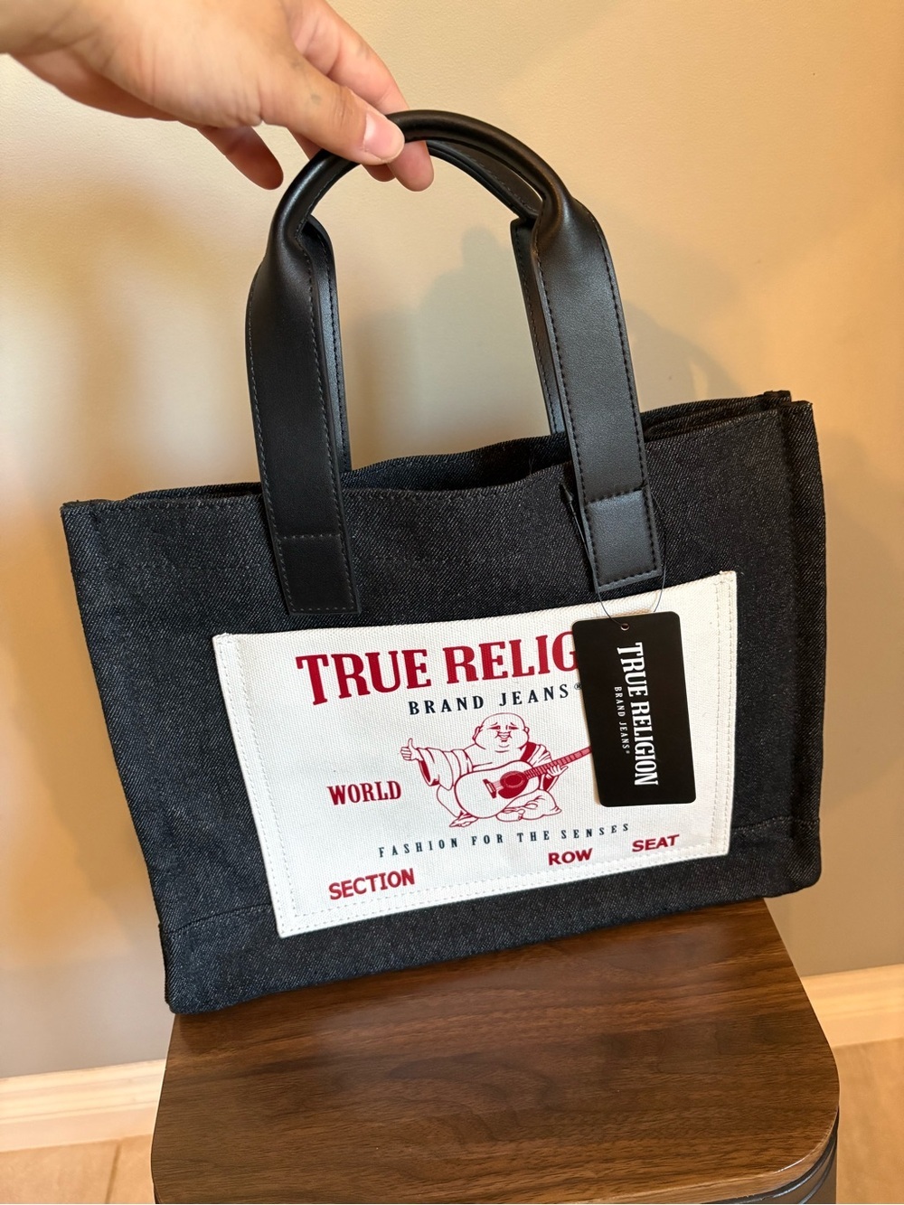 NWT True Religion Black Denim World Tour Logo Tote Bag with Crossbody Strap